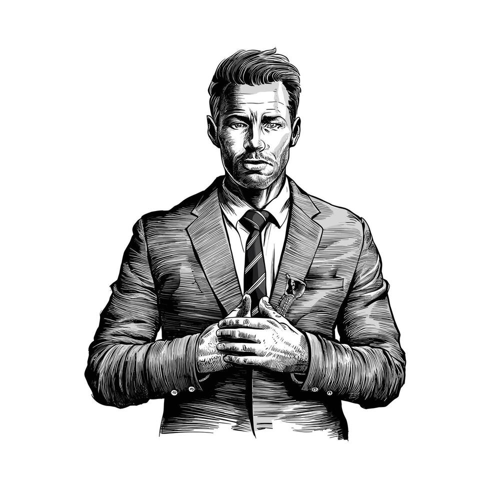 A black and white drawing of a man in a suit vector