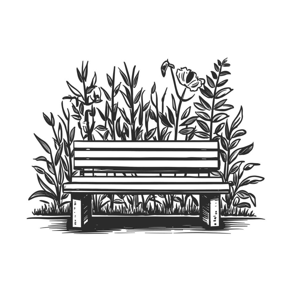 A black and white drawing of a bench surrounded by plants vector
