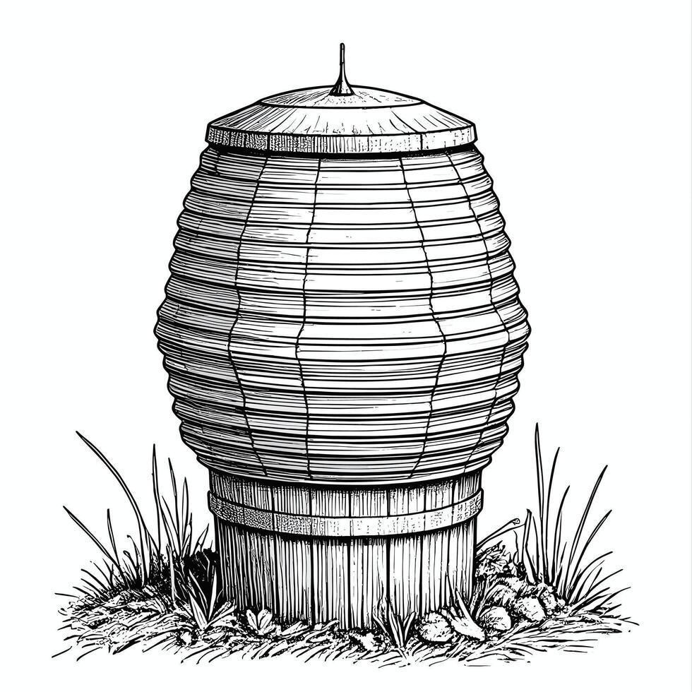 A drawing of a beehive in the grass vector