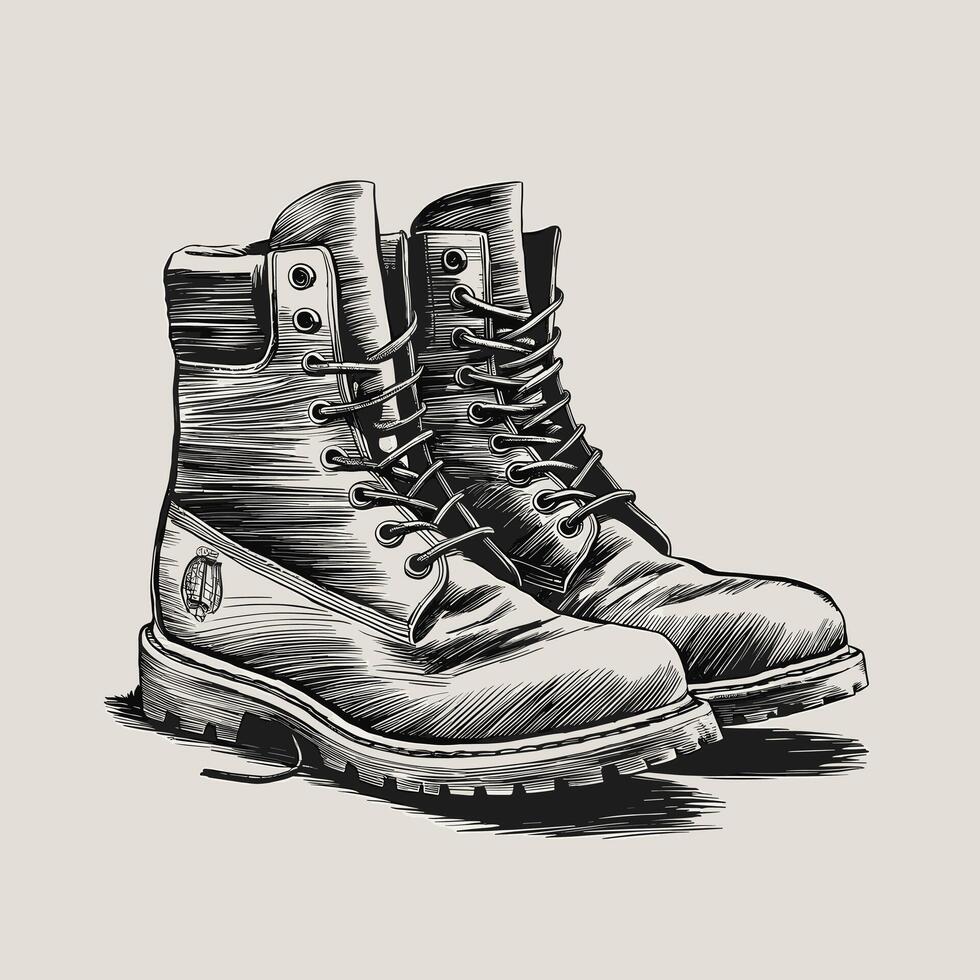 Boots pencil ink sketch drawing, black and white, monochrome engraving style vector