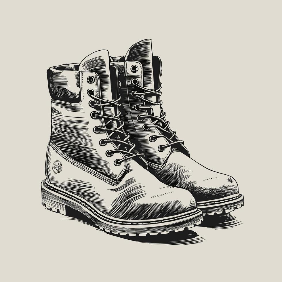 Boots Monochrome ink sketch drawing, engraving style illustration vector