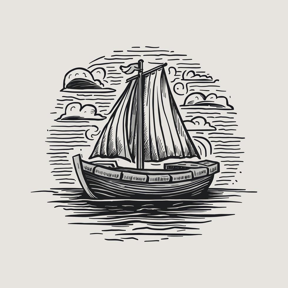 A sailing boat in the ocean with clouds and waves vector