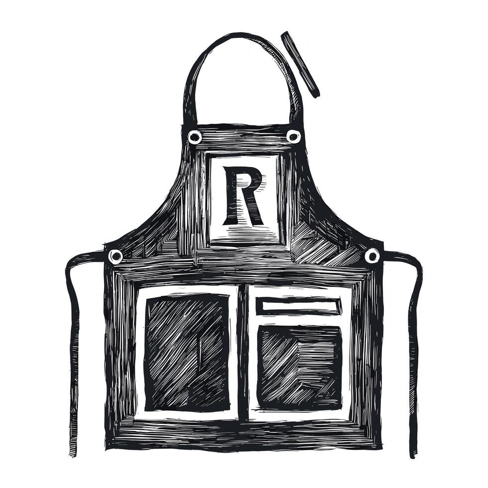 A black and white drawing of an apron with the letter r vector