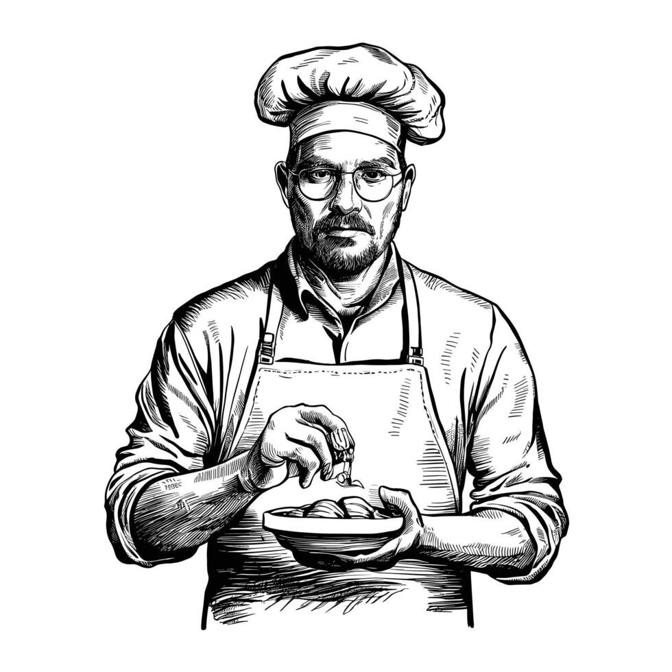 A black and white drawing of a chef holding a bowl vector