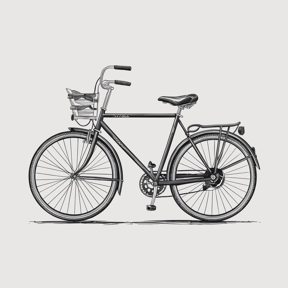 A drawing of a bicycle with a basket on the front vector