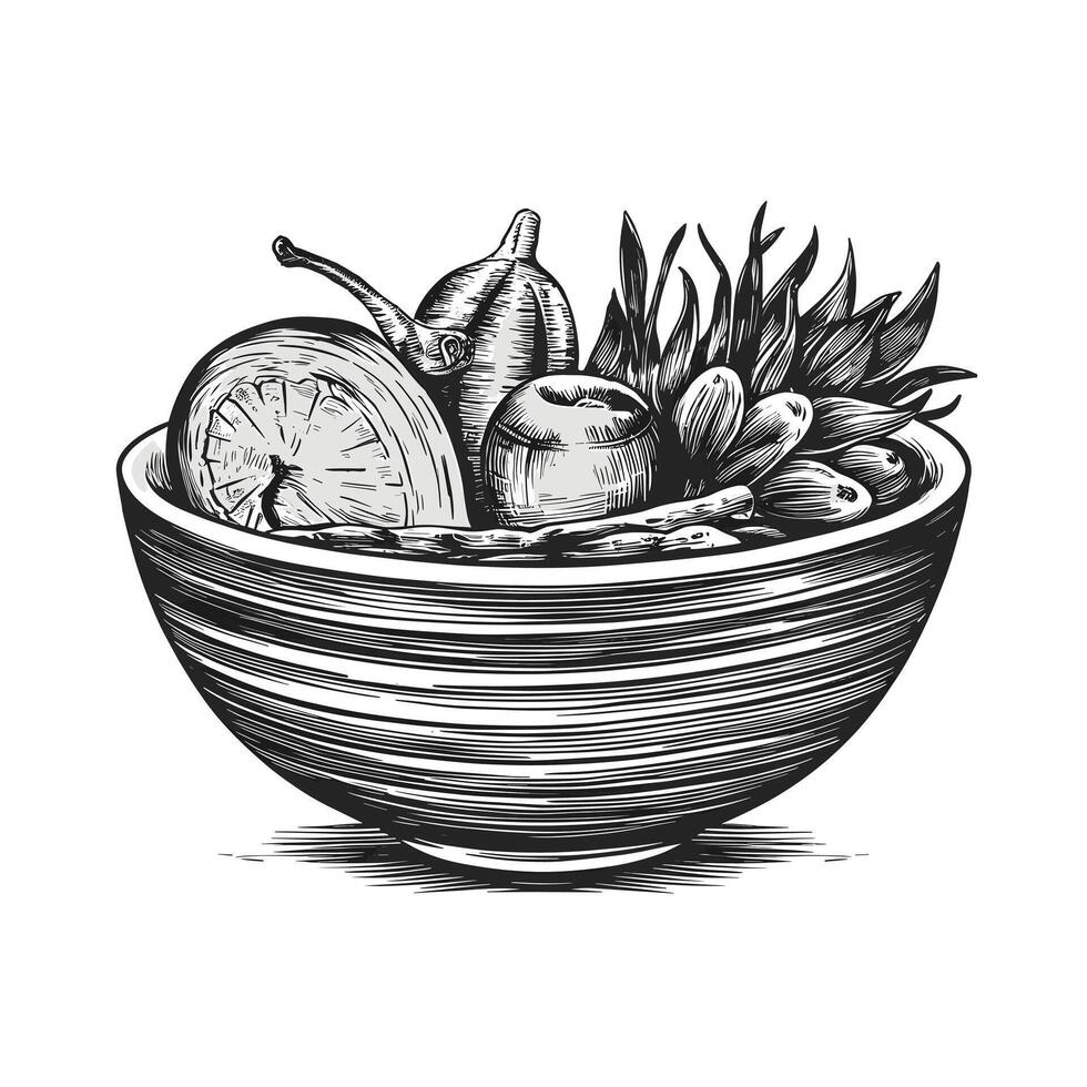 A drawing of a bowl with fruit and vegetables vector