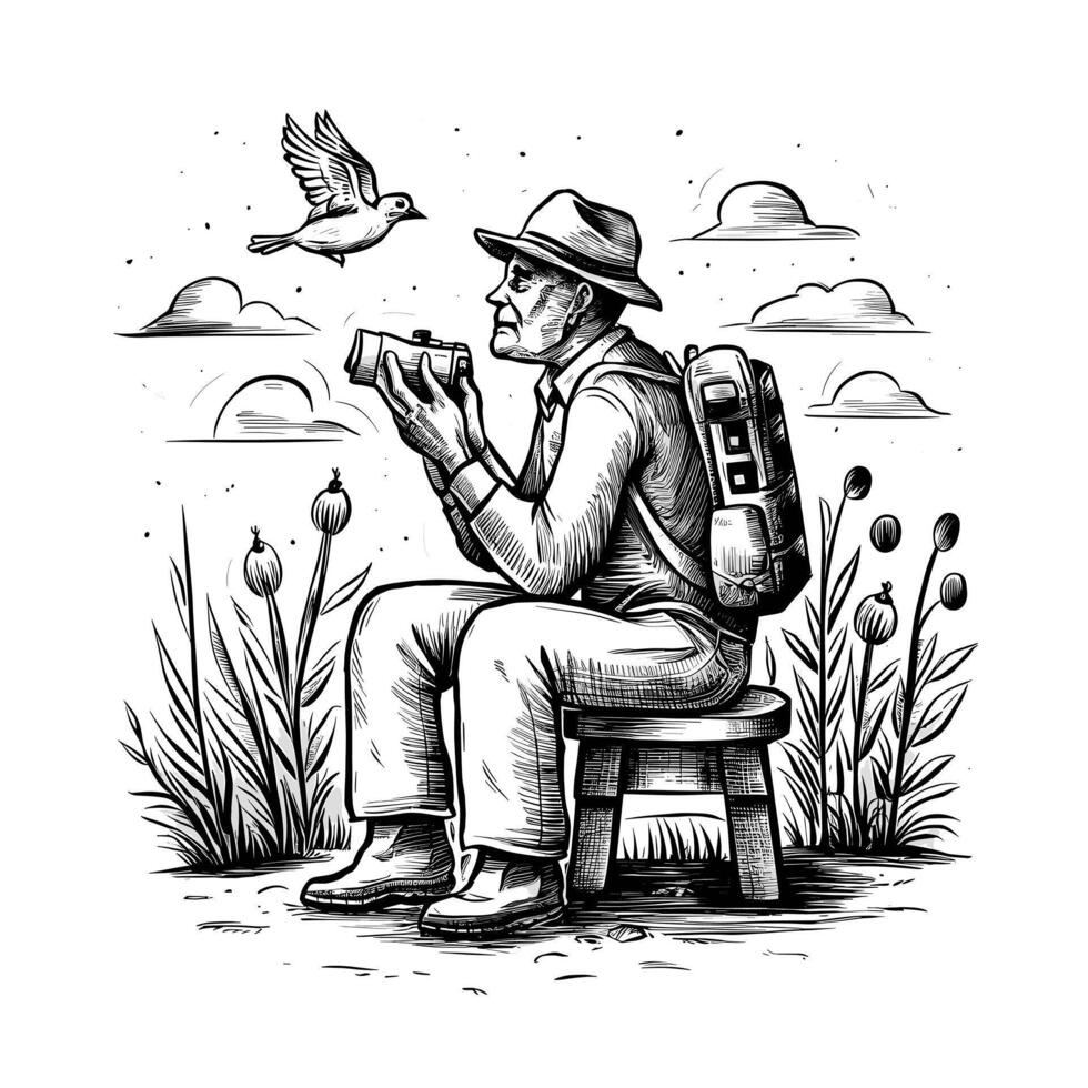 An old man sitting on a bench with a camera and a bird vector