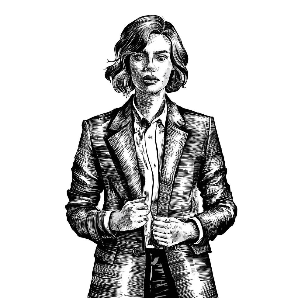 A black and white drawing of a woman in a suit vector