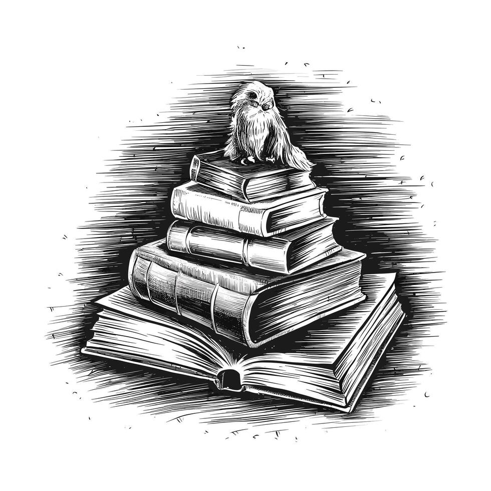A black and white drawing of a bird sitting on top of a stack of books vector