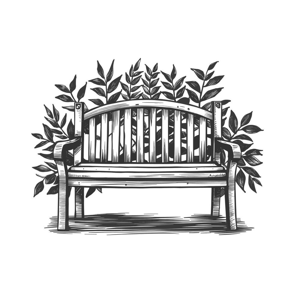 A black and white drawing of a bench with plants vector