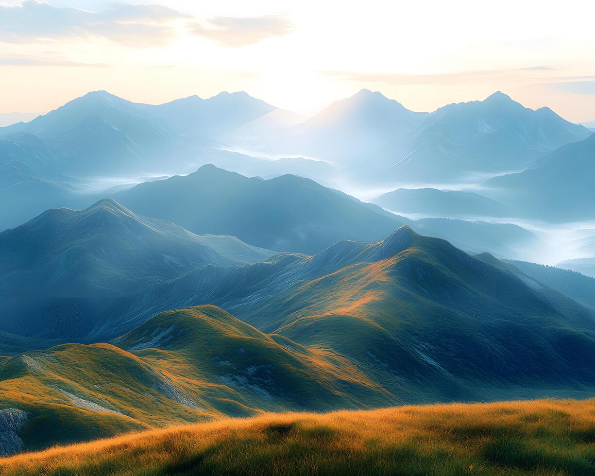 Landscape of majestic mountain ranges at sunrise, with golden sunlight casting soft rays over distant hills and valleys. The foreground consists of a grassy ridge covered in golden autumn hues. photo