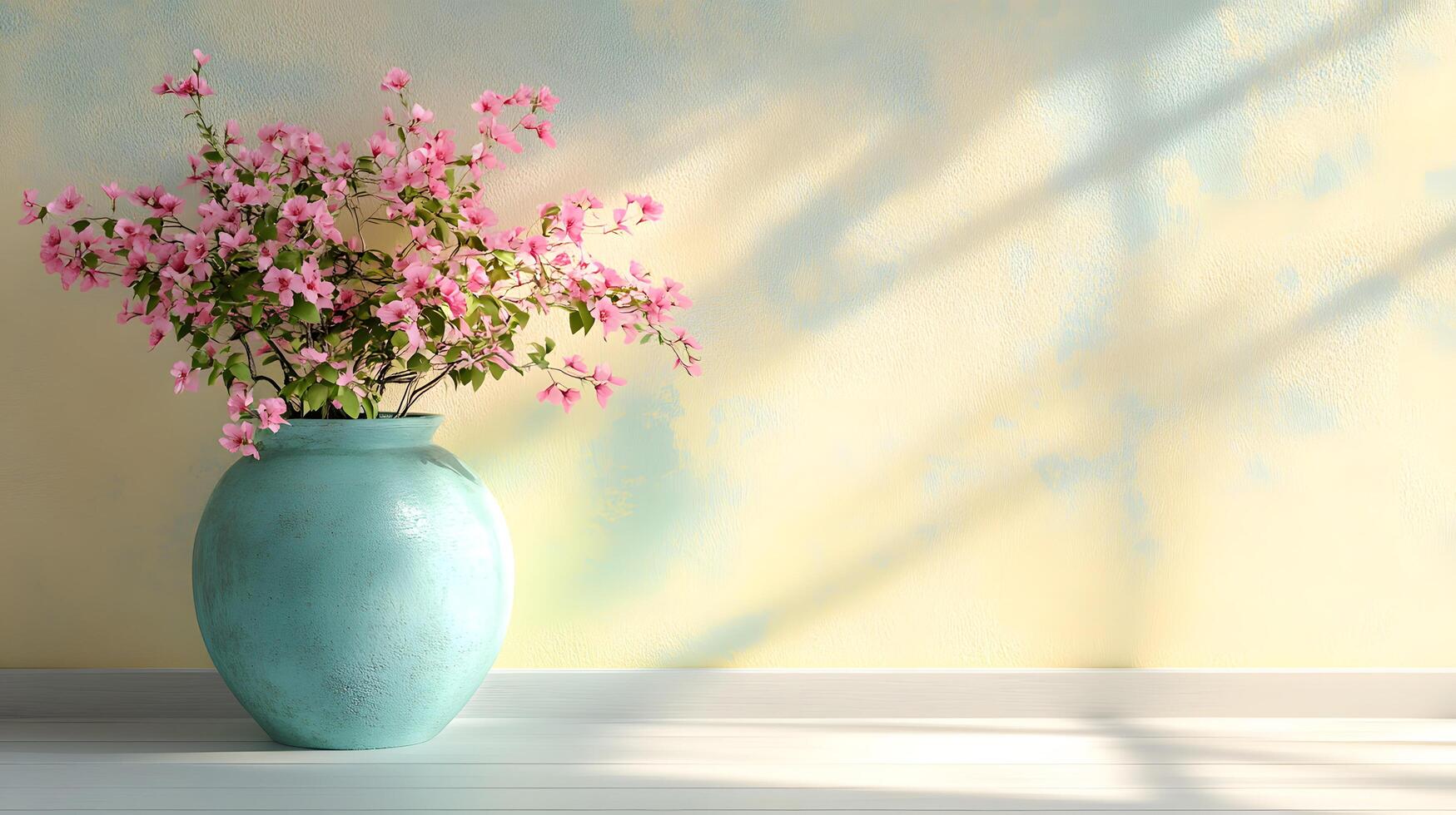 Cute blue potted plant and pink flowers on a white wooden floor in front of light yellow wall. There is plenty of space on the wall for writing text. Perfect for use as a background. Pastel tone. photo