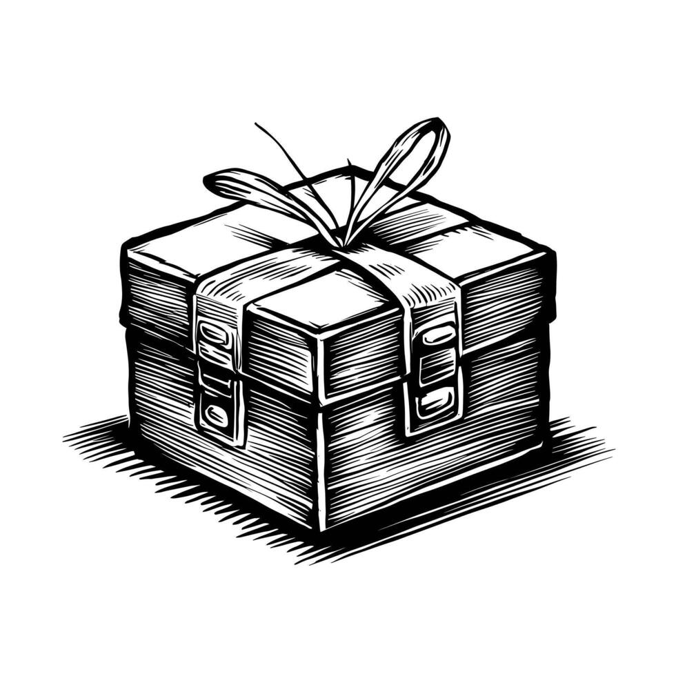 A black and white drawing of a gift box vector