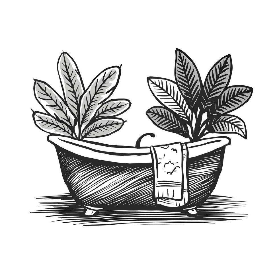 A drawing of a bathtub with plants in it vector