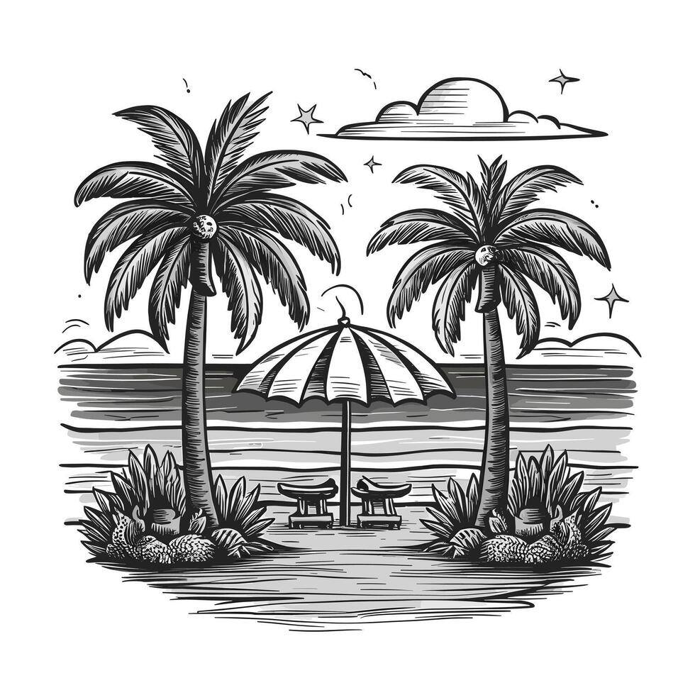A drawing of two palm trees and an umbrella vector
