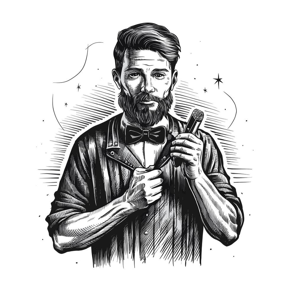 A man with a beard and a bow tie holding a razor vector