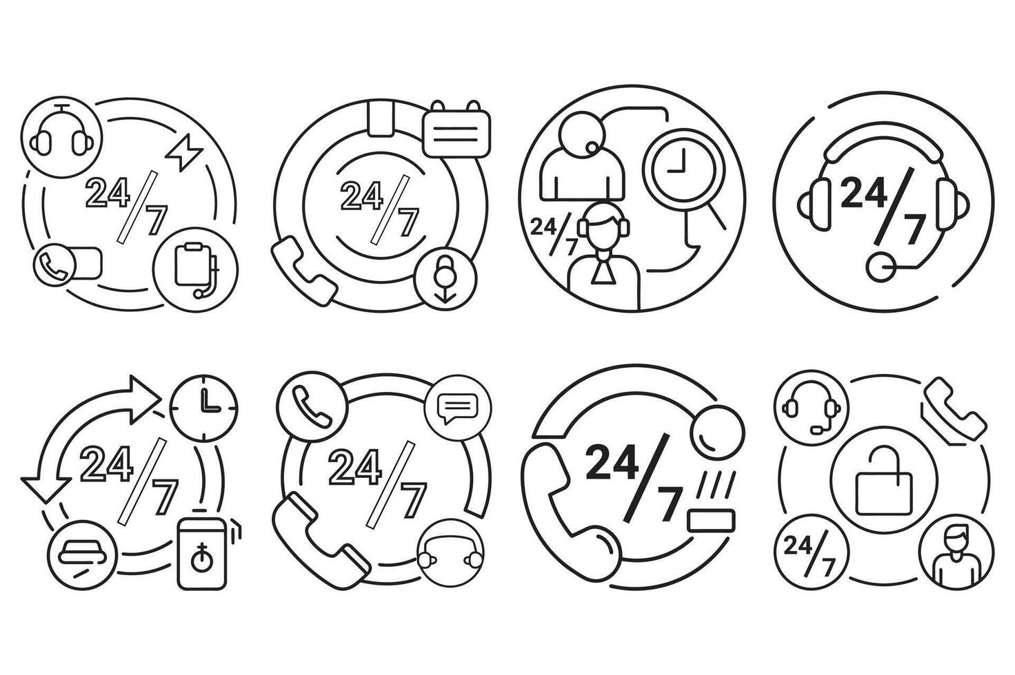24-7 Service Icon Set- Designs for Round-the-Clock Support and Customer Assistance vector