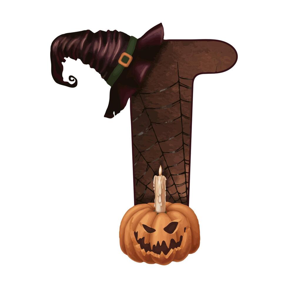Letter T Halloween doodle illustration with Jack o Lantern in cartoon style. Hand drawn dark brown alphabet. Isolated drawing perfect for autumn font graphic and spooky season card designs. vector