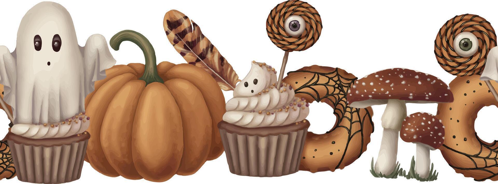 Seamless border with Halloween candy sweets and pumpkin in cartoon style. Hand drawn endless holiday design element. Dark mystical edged template for autumn graphic and spooky season cards. vector