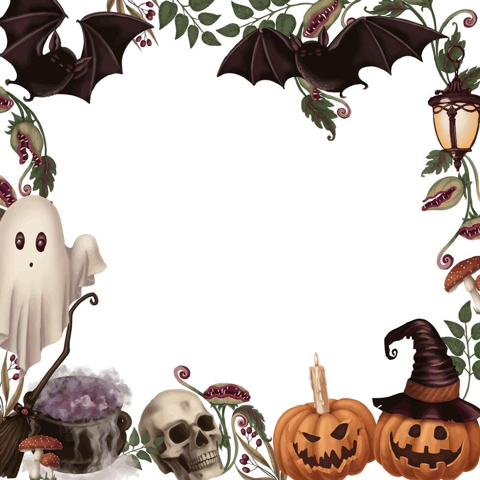 Halloween square frame with cute ghost and other scary characters in cartoon style. Hand drawn dark illustration. Isolated drawing perfect for autumn graphic and spooky season card designs. vector
