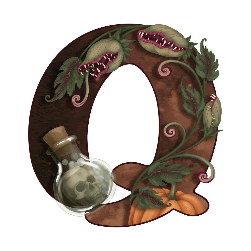 Letter Q Halloween doodle illustration with death potion in cartoon style. Hand drawn dark brown alphabet. Isolated drawing perfect for autumn font graphic and spooky season card designs. vector
