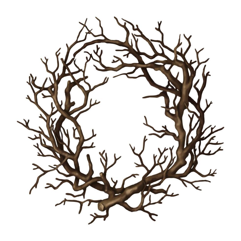 Wooden round wreath of dry branch. Hand drawn Halloween frame template with dead brown bush in cartoon style. Perfect for autumn label and spooky season designs vector