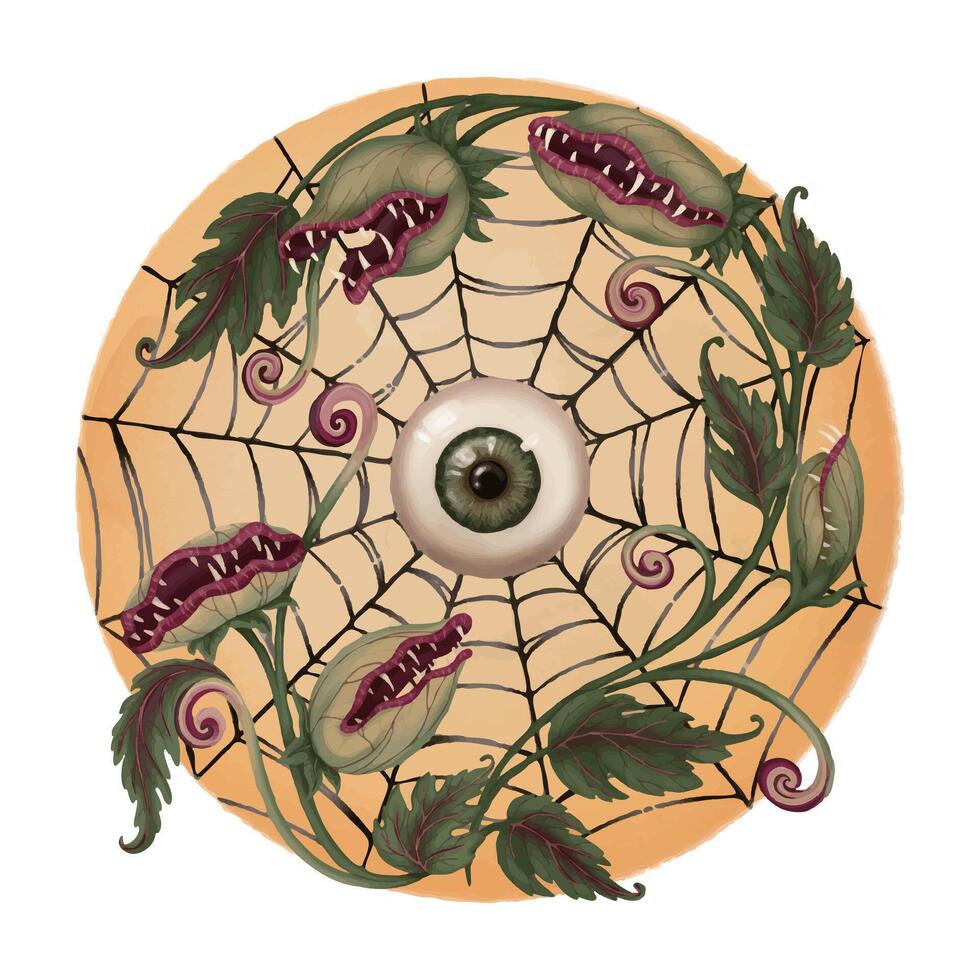 Halloween composition with carnivorous plant and moon in cartoon style. Hand drawn illustration with eye and web. Isolated drawing perfect for autumn graphic and spooky season card designs. vector