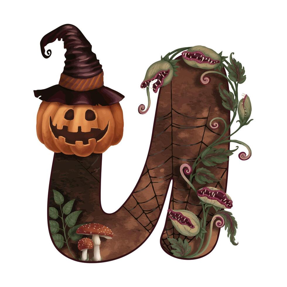 Letter U Halloween illustration with Jack o Lantern in hat in cartoon style. Hand drawn dark brown alphabet. Isolated drawing perfect for autumn font graphic and spooky season card designs. vector