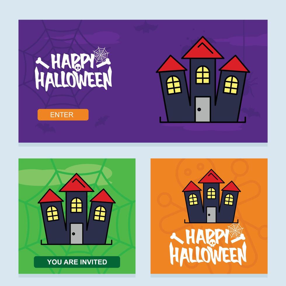 Halloween party invitation template set with house and spider web vector