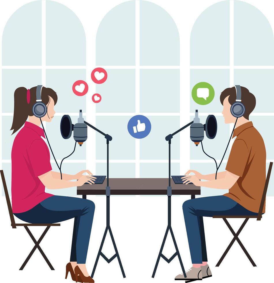 Radio jockey's reading news in radio station Illustration vector