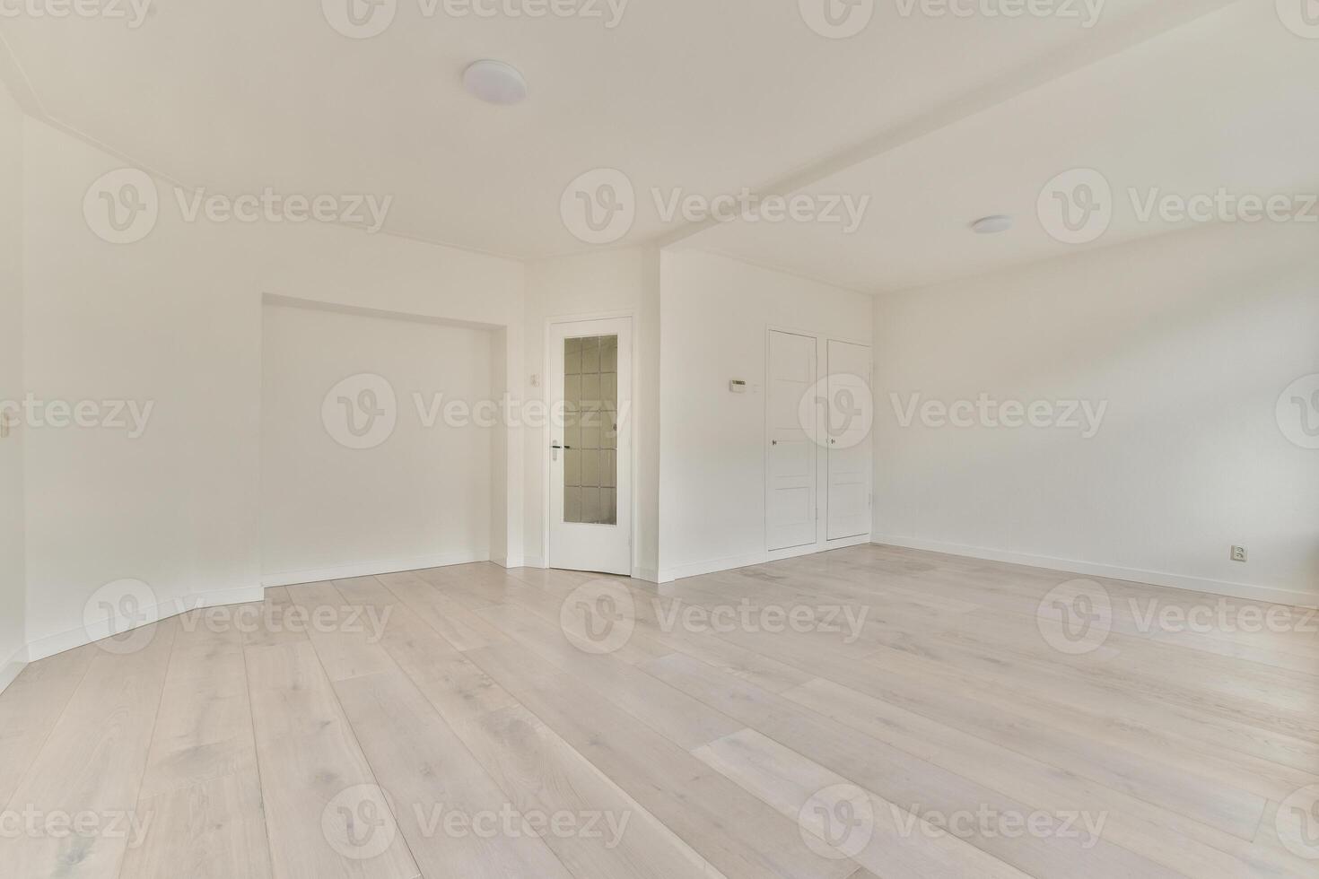 An empty room with white walls and wooden floors photo