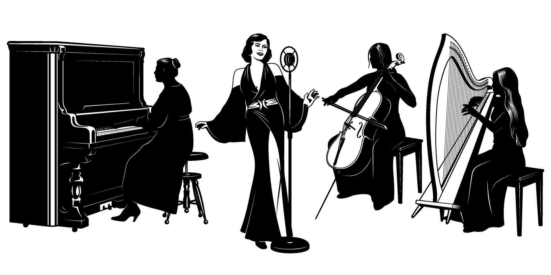 Music Woman Quartet Silhouettes. Singer, pianist, harp and cello players. Jazz and classic music. Cliparts isolated on white. vector