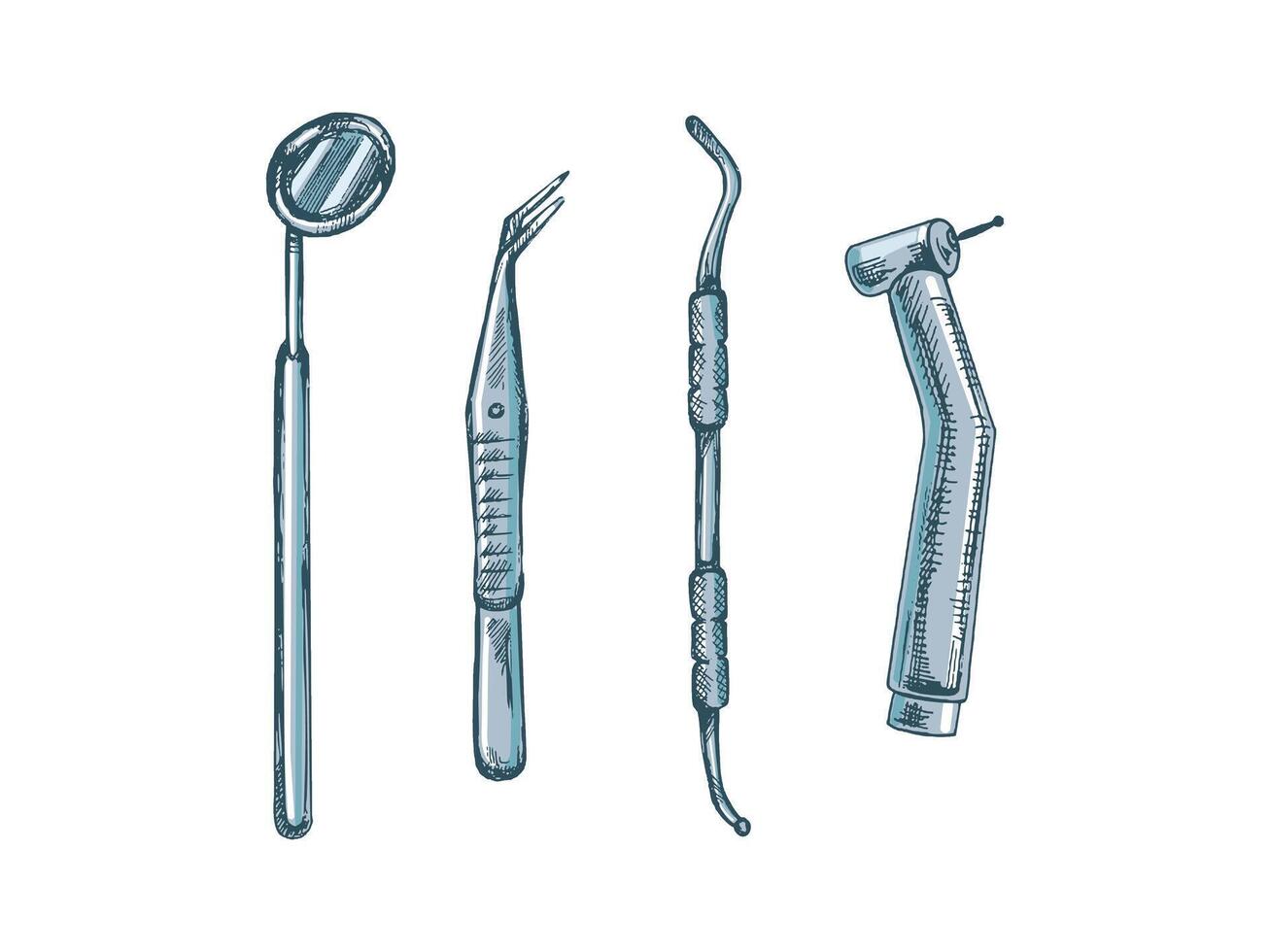 Hand drawn stomatology attributes. Professional dental tools vintage illustration set isolated on white background. Equipment for orthodontists. vector