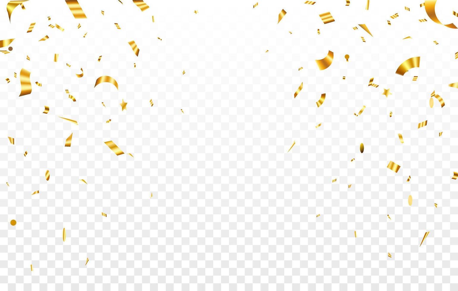 Gold confetti. Confetti celebration party background design, Falling shiny golden confetti isolated on transparent background, Celebration carnival ribbons, confetti, vector