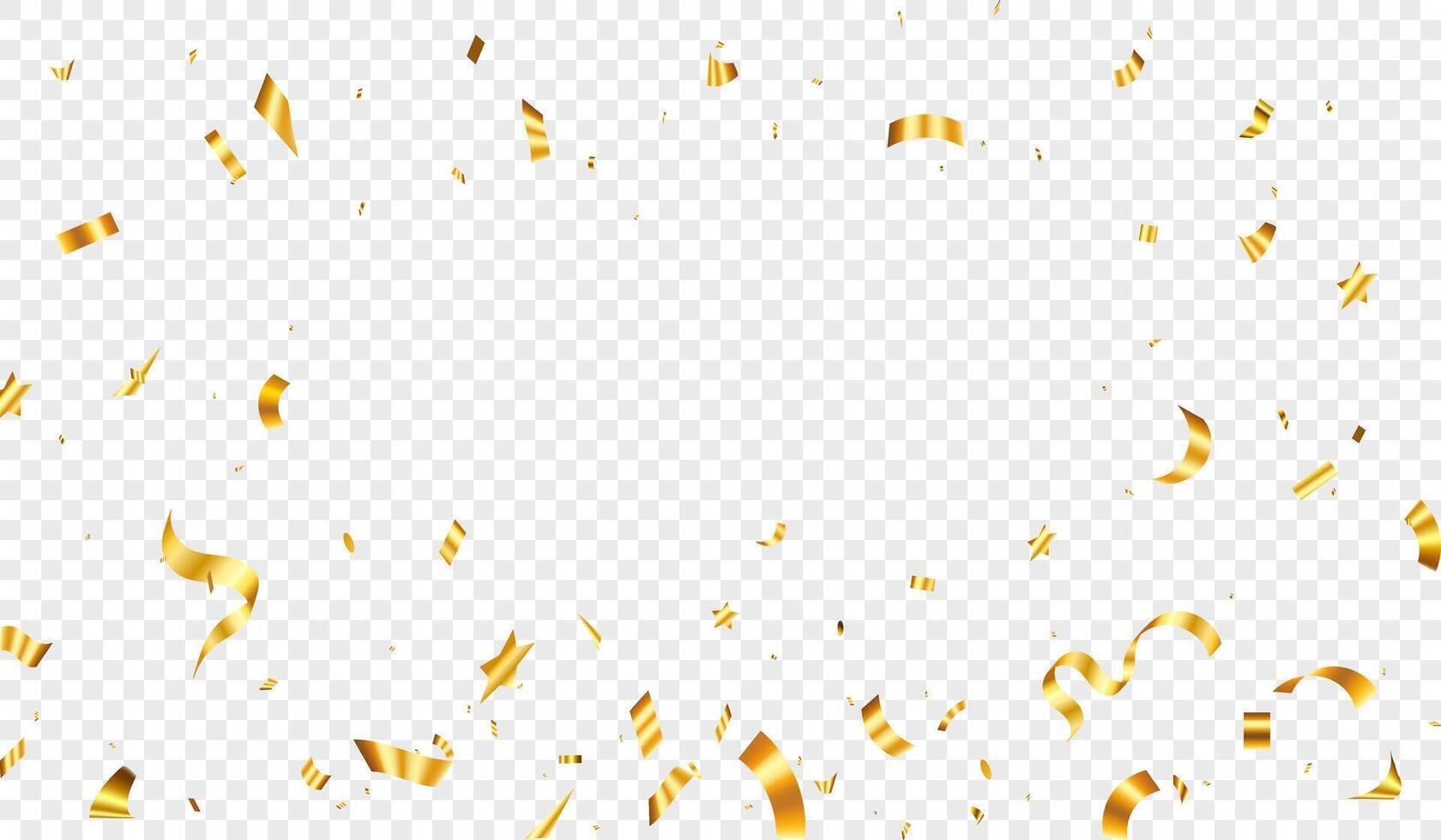 Gold confetti isolated on background, celebration party background design with confetti and gold ribbons, Bright festive tinsel of gold color. Valentines Day, Birthday, Holiday, New Year, vector