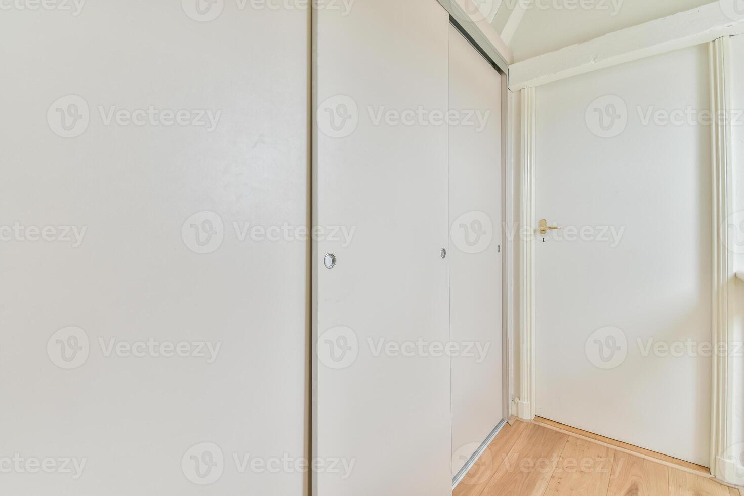 A white closet with wooden floors and white doors photo