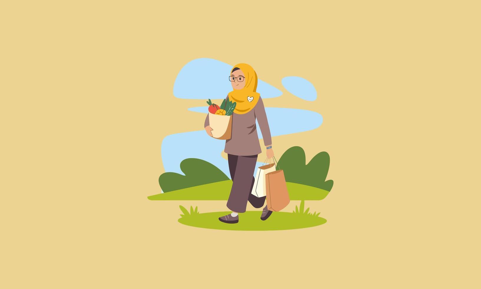 Muslim woman carrying groceries in paper bags vector