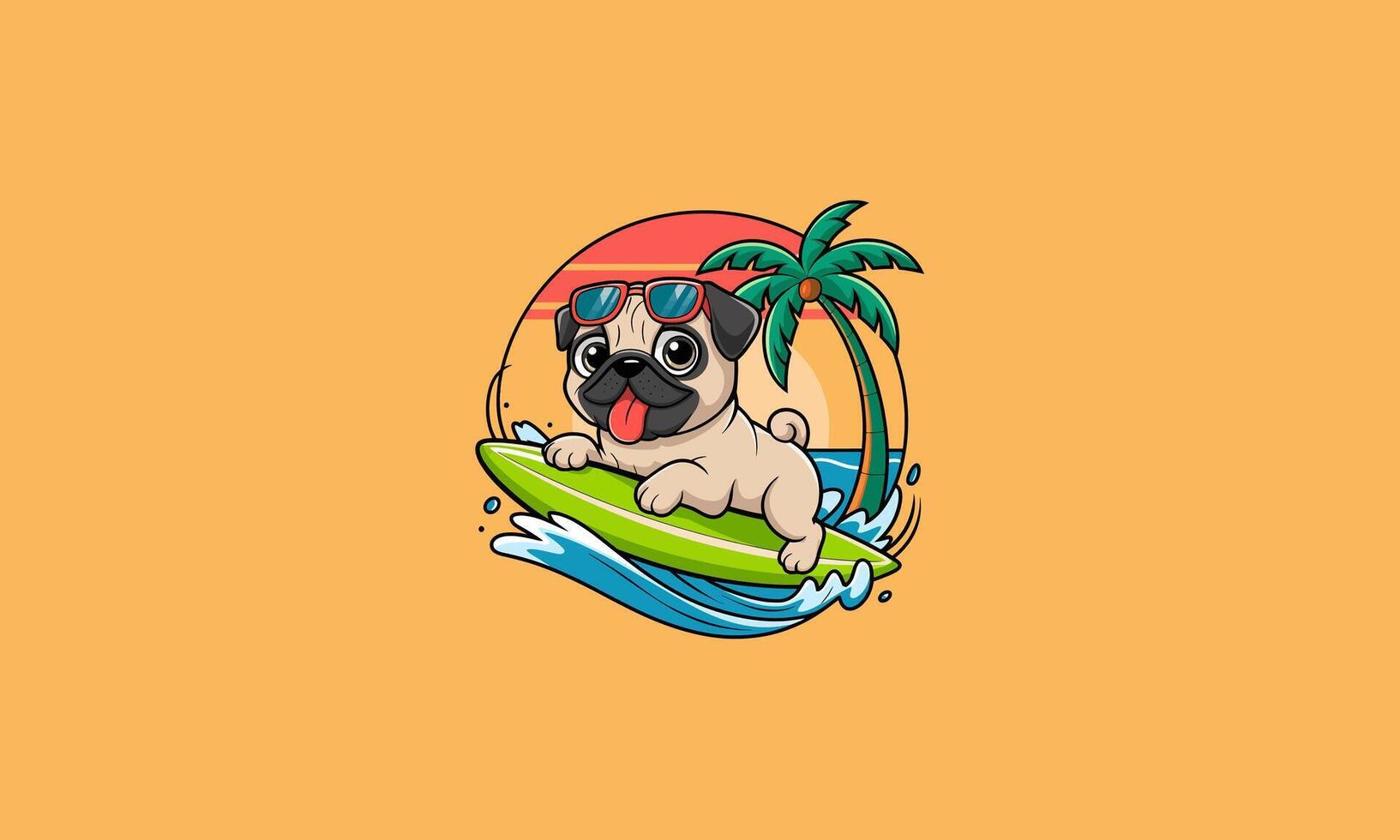 Cool pug surfing with sunglasses on a tropical wave vector