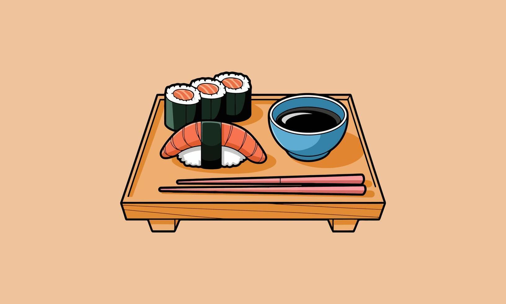 Sushi platter with chopsticks and soy sauce . vector