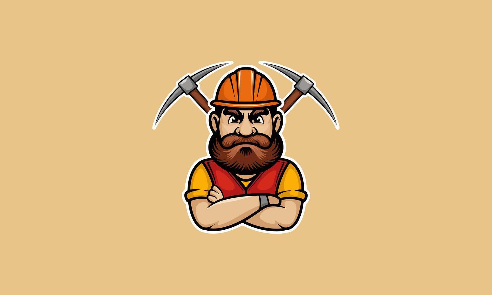 Bearded miner with crossed arms and pickaxes . vector