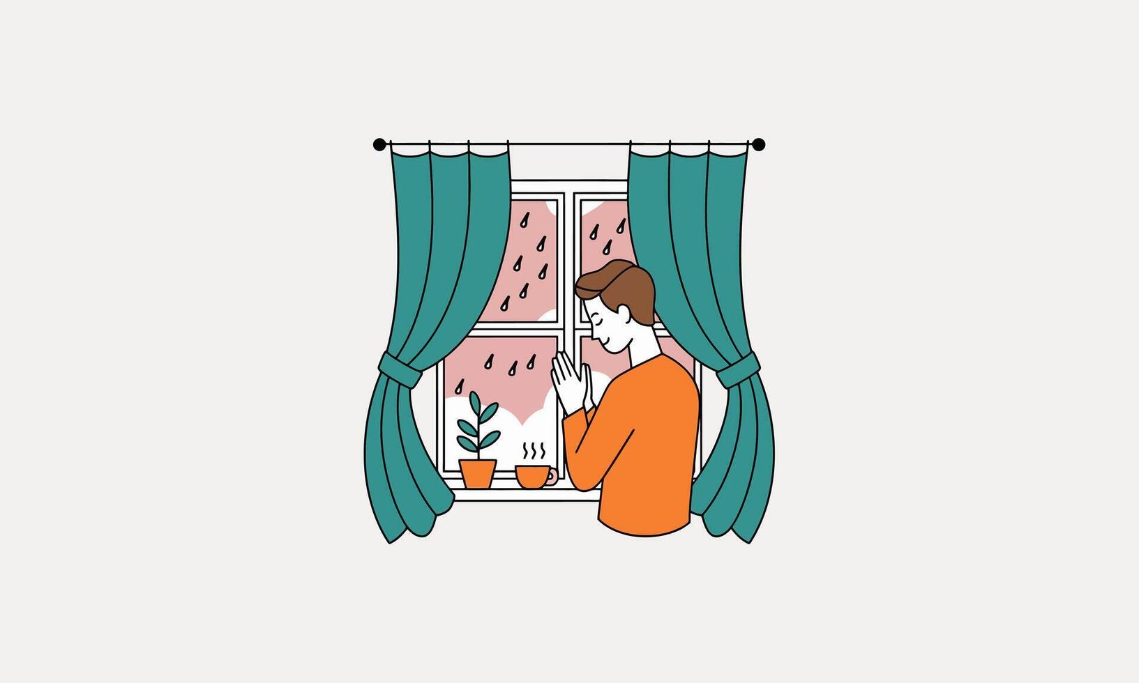 Man praying by the window on a rainy day vector