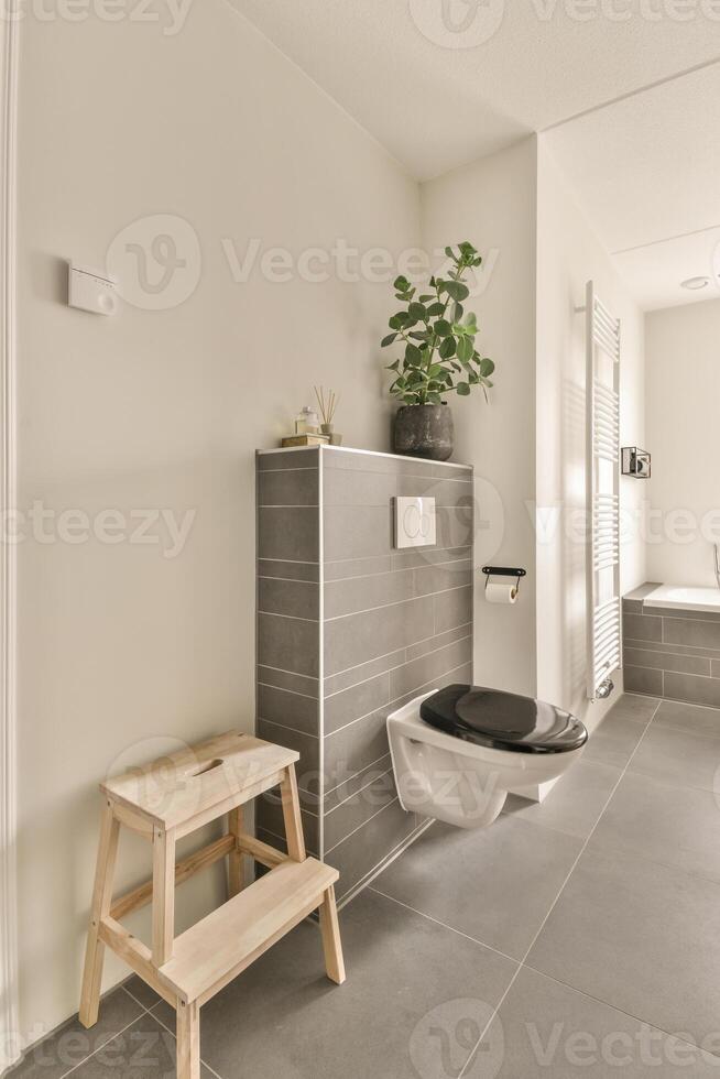 A modern bathroom with a toilet, sink and a bench photo
