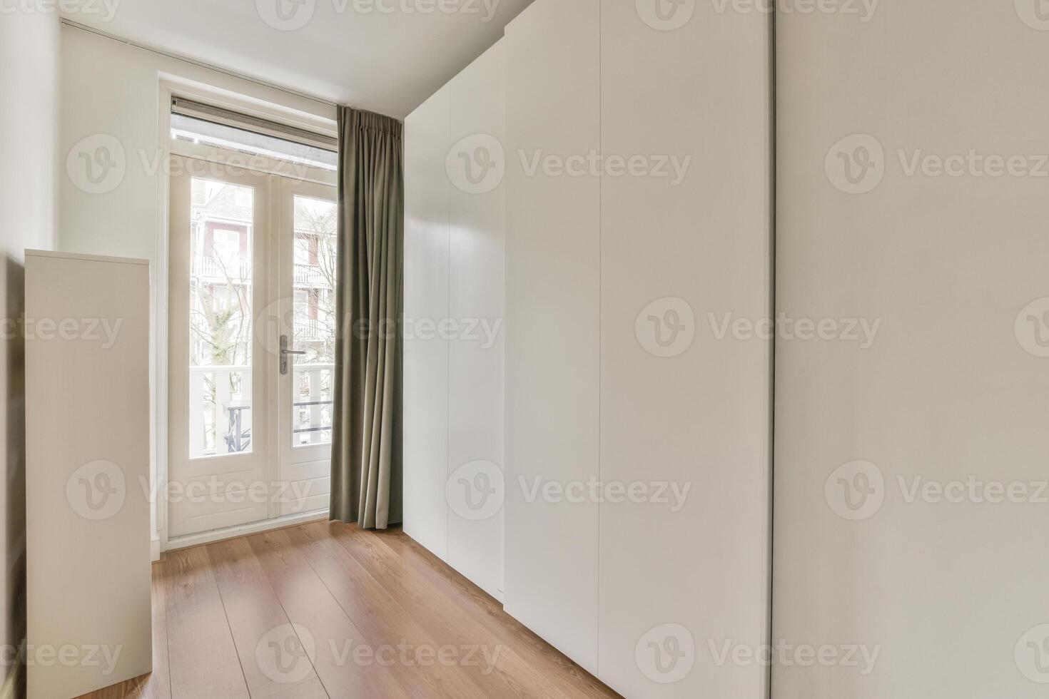 A white closet with wooden floors and a door photo