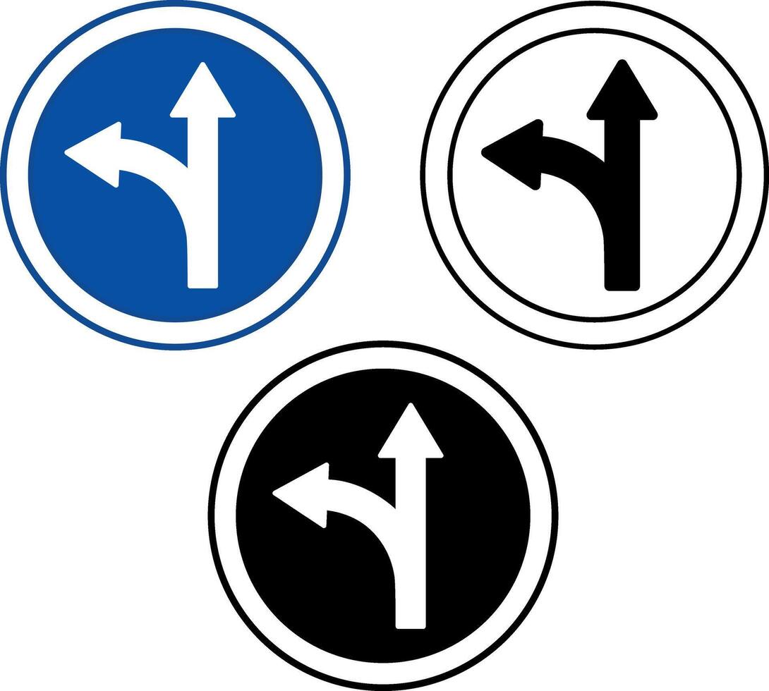 Proceed Straight Or Turn Left Signs. Blue Round Road Signs. vector