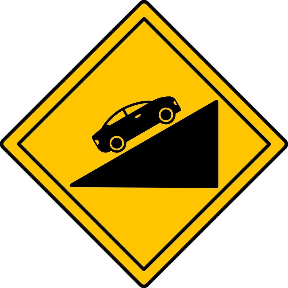 Yellow Sign Steep Ascent. Warning Diamond Road Sign. Car Driving Up. vector