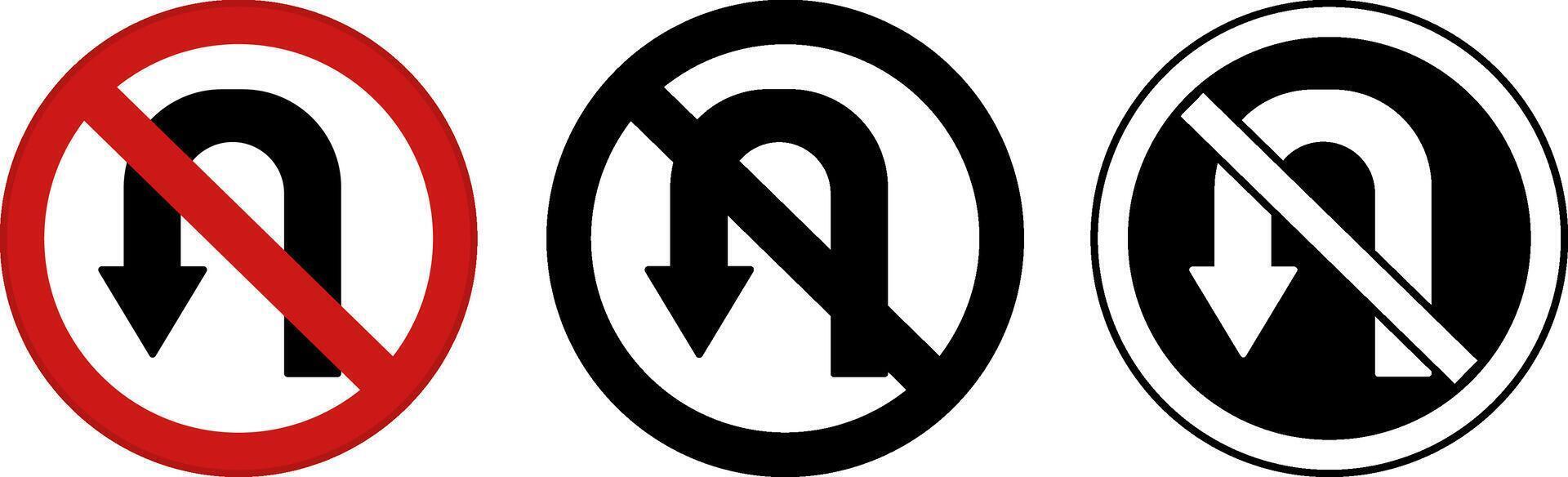 Signs No U Turn. Warning Road Signs. Red, Black, and White Icons vector