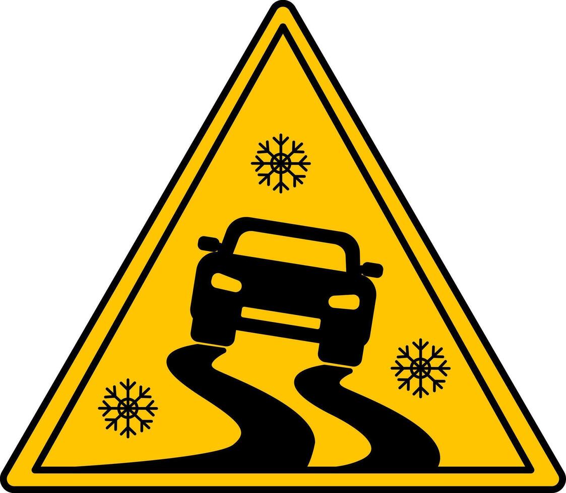 Yellow Slippery Road Sign. Icon. The car is driving on a slippery road. Danger Warning Sign vector