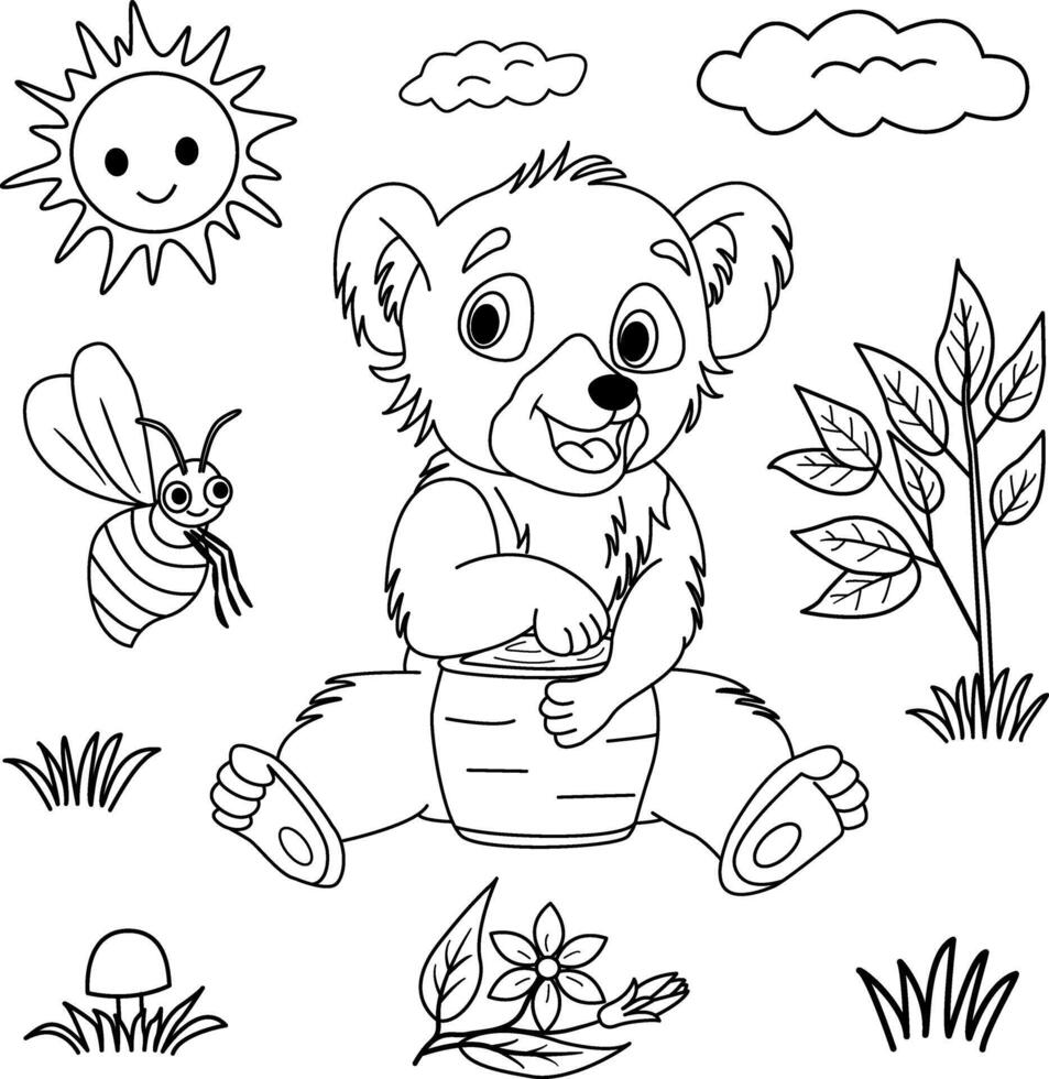 Clipart of cute teddy bear with honey for coloring book. Illustration of a bear cub, honey jar, bee, sun, cloud, flower, mushroom, tree, and grass vector