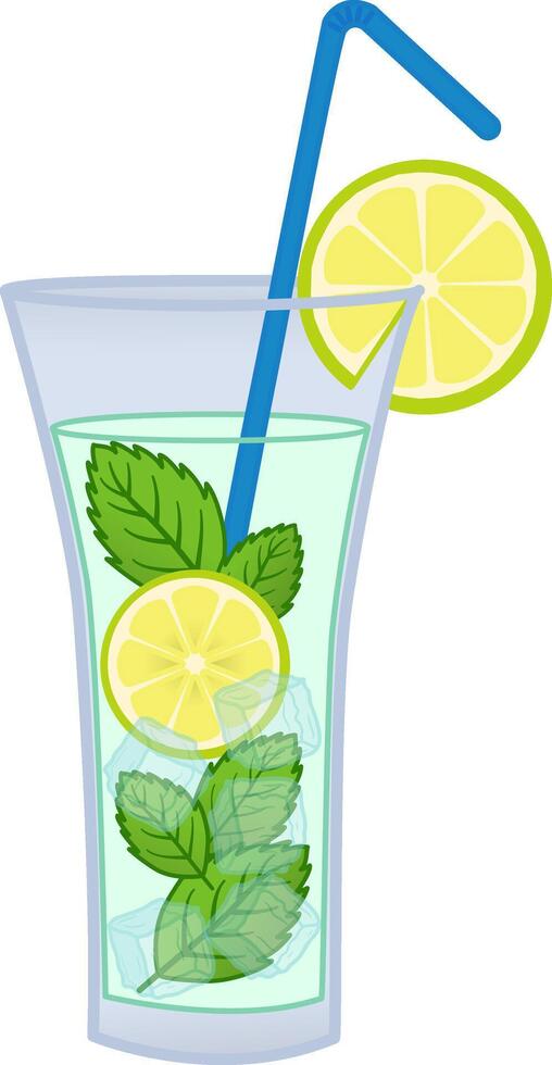 Summer Cocktail with Lemon and Mint. Illustration of Refreshing Drink with Straw and Ice Pieces. vector