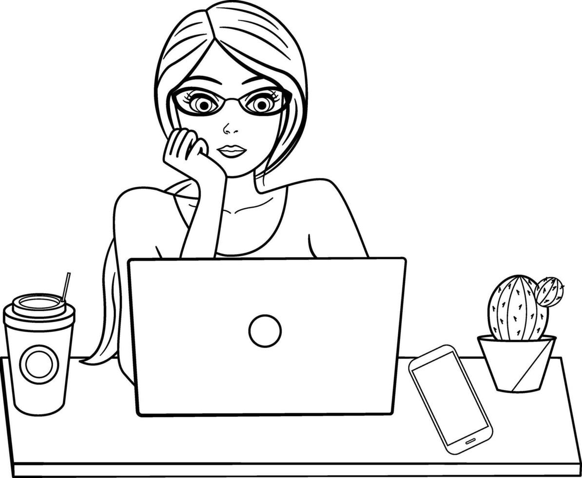 Young Woman with Laptop Working Remotely for Coloring. Illustration of Freelancer Girl with Glasses, Pensive Look. On the Table, There is a Laptop, a Glass, a Mobile Phone, and a Cactus vector